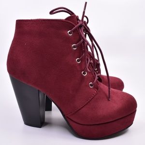 Women's Cute Burgundy Faux Suede Stacked Heel Laced Ankle Booties